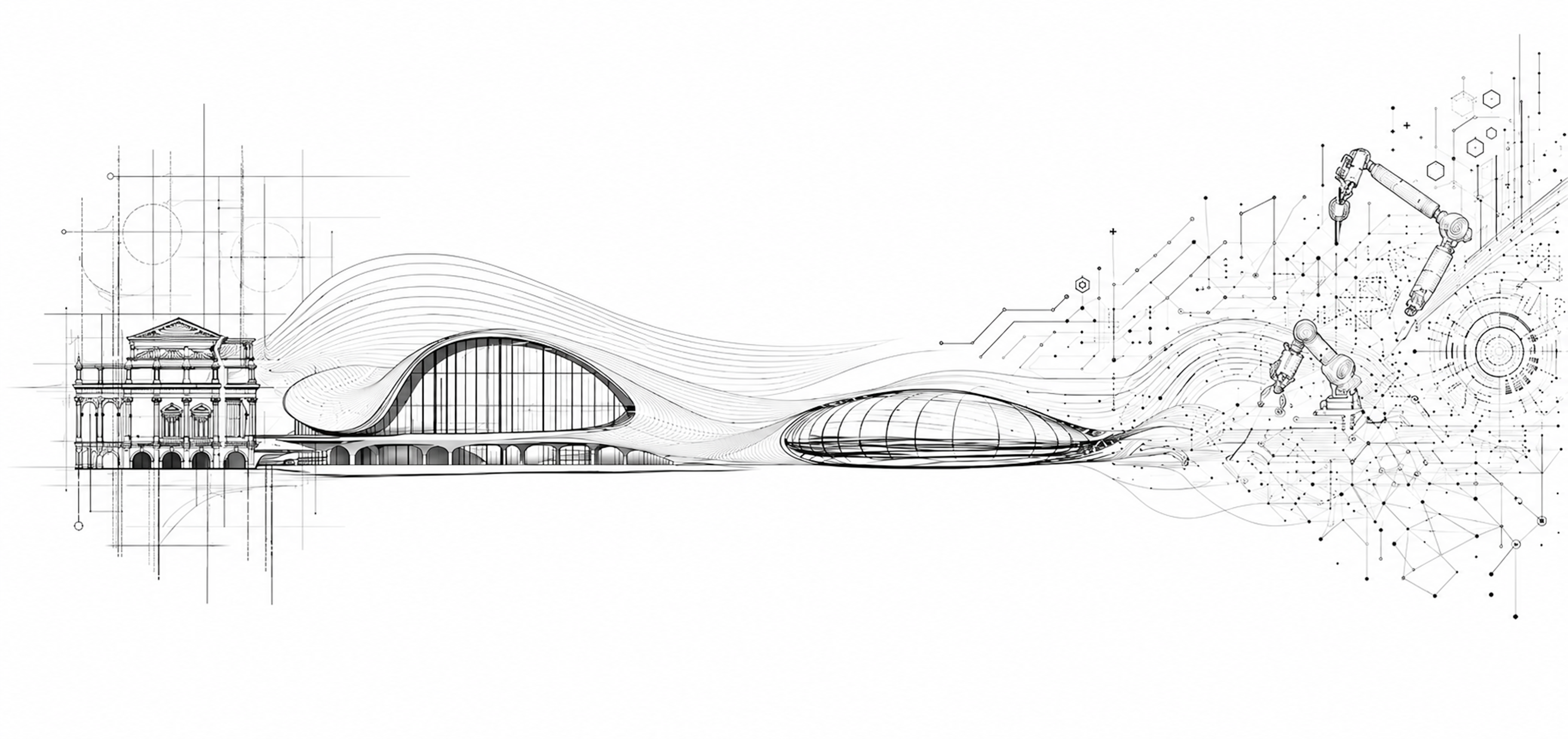 Linienzeichnung: links ein architektonisches Gebäude, das sich rechts in technologische, schaltkreisartige Linien auflöst