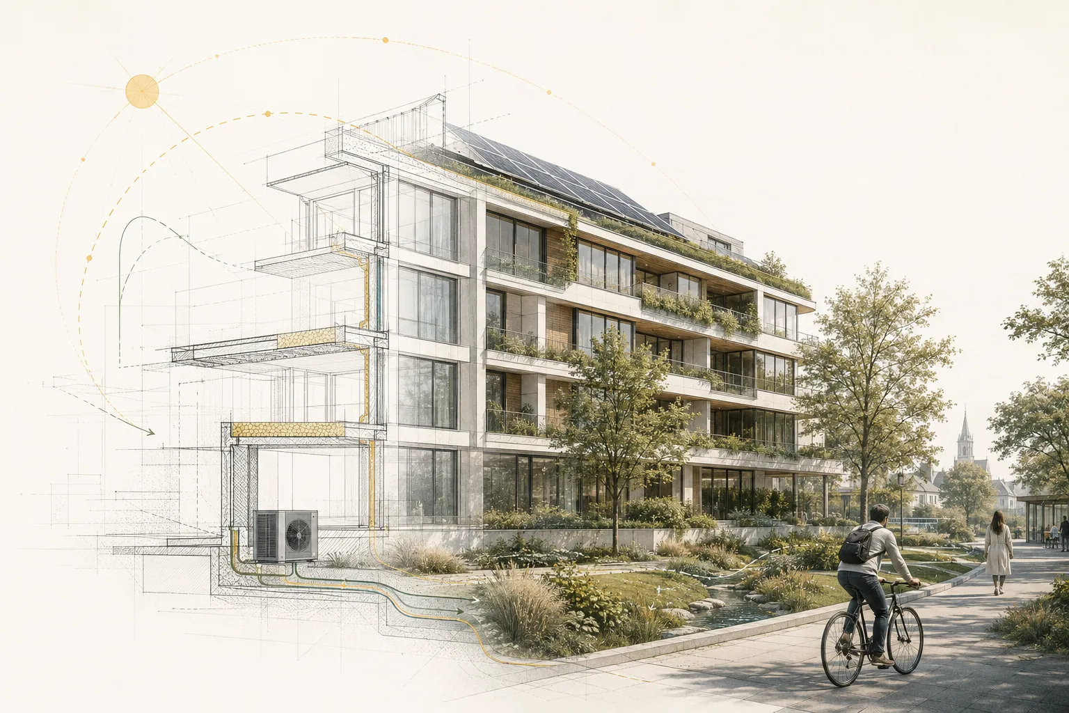 Nachhaltiges Zürcher Mehrfamilienhaus mit Solaranlage auf dem Dach, begrünten Balkonen, Wärmepumpe und vorbeifahrendem Velofahrer