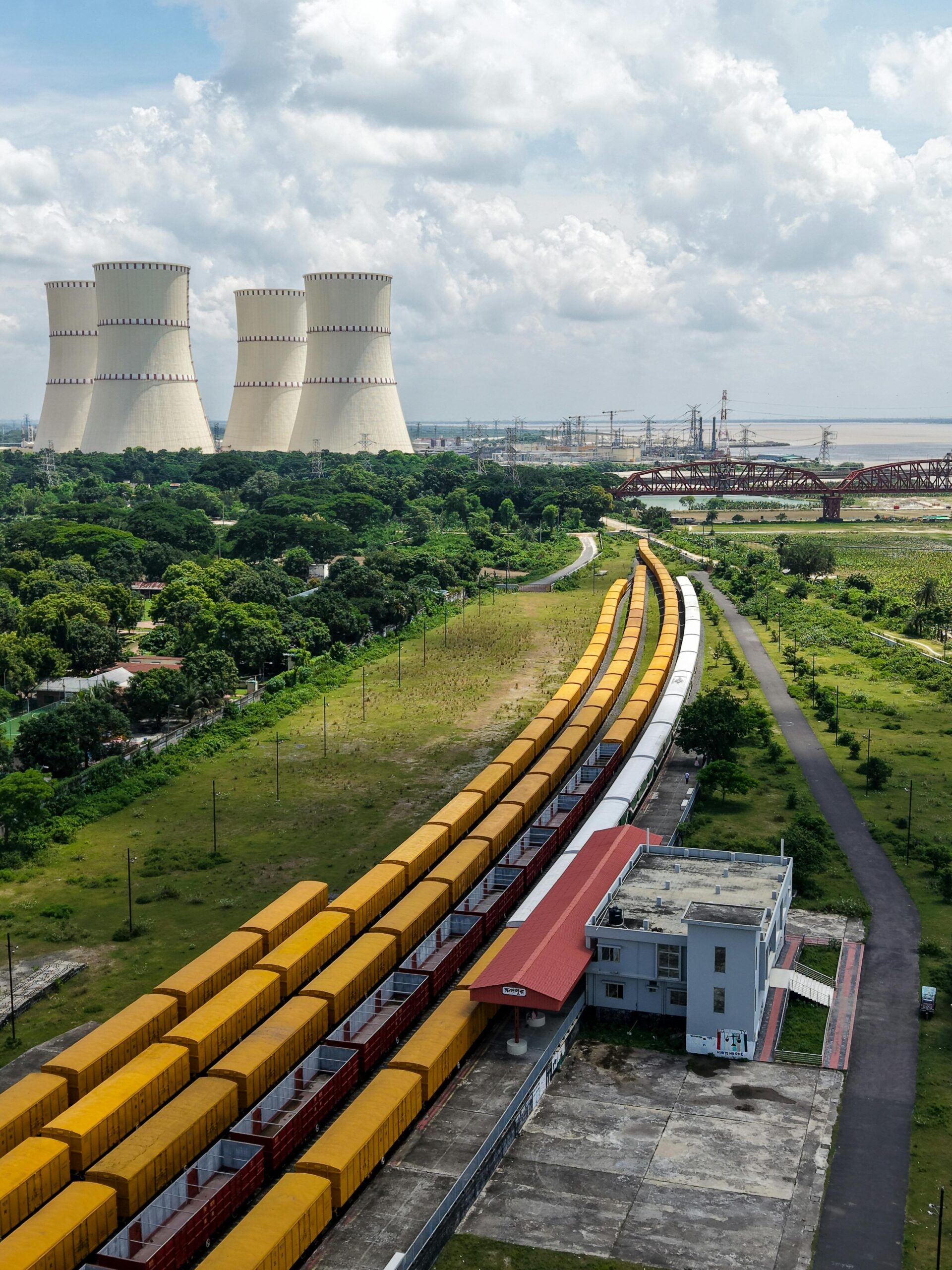 Aerial shot of the Rooppur Nuclear Power Plant in Bangladesh, highlighting infrastructure and surrounding landscape.